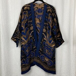 Soft Surroundings Women’s Gold Foil & Blue Floral Kimono sz S/M